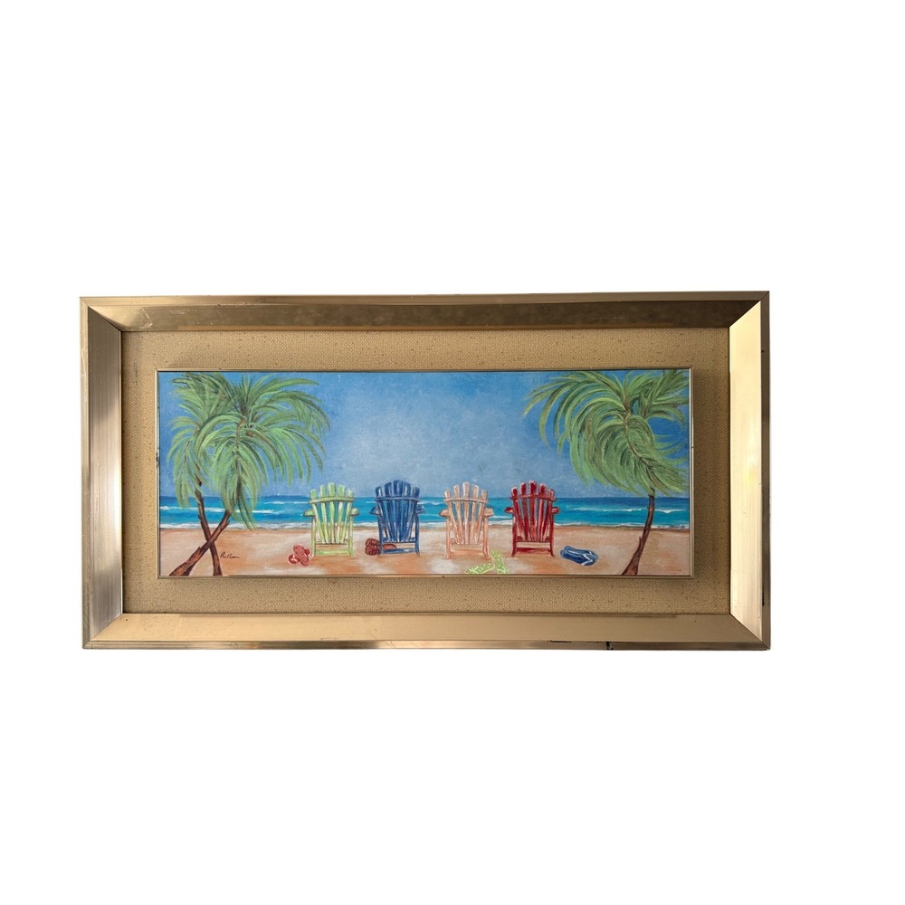 Pullen Vintage Beach Landscape Painting Gold Framed Tropical Palm Trees Blue Oil